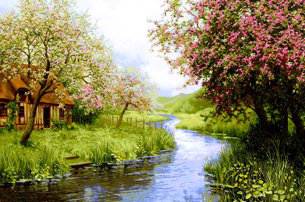 نقاشی طبیعت رودخانه بهار پر ابریشم