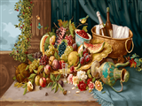 میز پر از گل و میوه